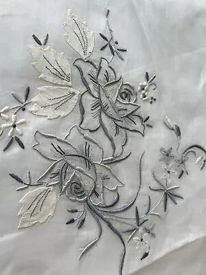 Vintage Organdy Hand Embroidery Silver Grey Roses Flowers Round Tablecloth 65  • $39
