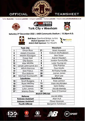 2022/12/03 York City V Wrexham Official Colour Teamsheet • £2