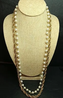 Vintage Jewelry Double Strand Faux Pearl & Chain Necklace. 4278 • $17.99