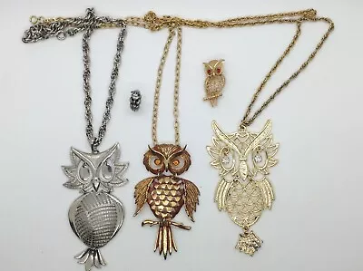 VTG Owl Necklaces Avon Owl Rhinestone Eyes Pin Ring Sz 5 • $9.99