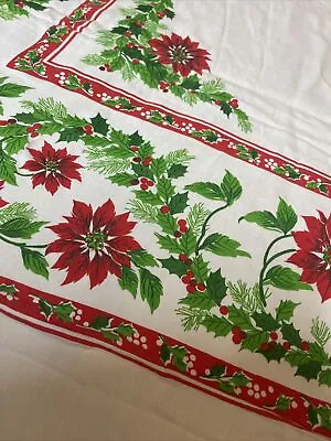 $19.50 • Buy Vintage Christmas Poinsettias & Holly 94” X 58” Soft White Fabric Tablecloth
