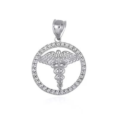 Silver Medical Caduceus Staff CZ Circle Pendant Necklace • $19.99