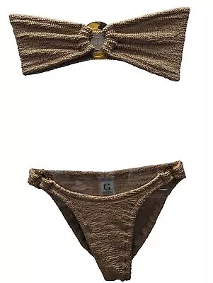 HUNZA G Gloria Bandeau Bikini Metallic Cocoa Brown Crinkle ONE SIZE NEW RRP150 • £97.50