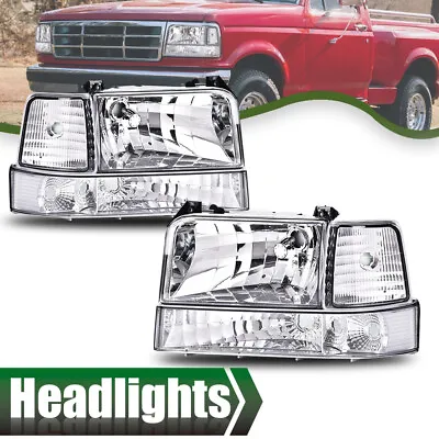 Fit For 92-96 Ford F-150 Bronco Chrome Headlights+Clear Reflector Bumper Lamps • $72.80