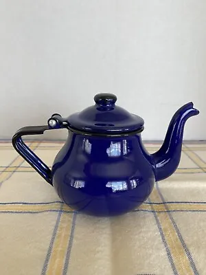 Vintage Cobalt Blue Enamelware Tea Pot With Hinged Lid • $29.95