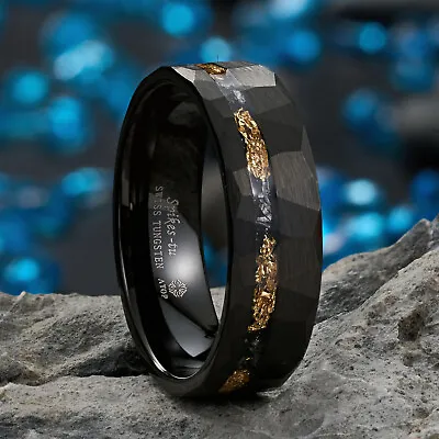 24K Gold Foil & Meteorite Black Faceted 8mm ATOP Jewelry Tungsten Ring • $19.99