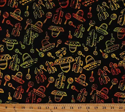 Cotton Batik Mexican Sombreros Maracas Music Fabric Print By The Yard D301.57 • $13.95