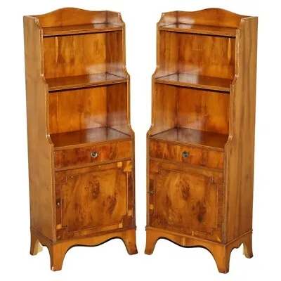 Pair Of Vintage English Flamed Mahogany Waterfall Bookcases With Cupboard Bases • $2923.99