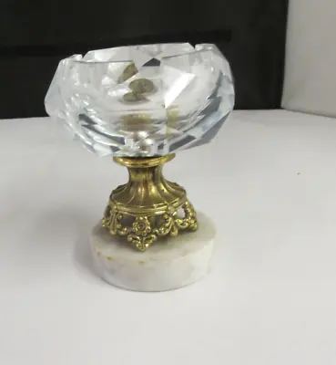 Vintage 1970'S HEAVY CUT GLASS ASH TRAY GOLD/TONE METAL INSERT  MARBLE BASE • $24.95