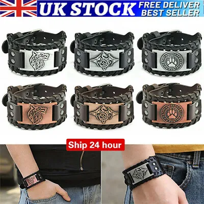 £5.99 • Buy Mens Vintage Black / Brown Norse Viking Leather Bracelet Wristband - 10 Designs