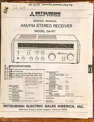 Mitsubishi DA-R7 Receiver  Service Manual *Original* • $34.97