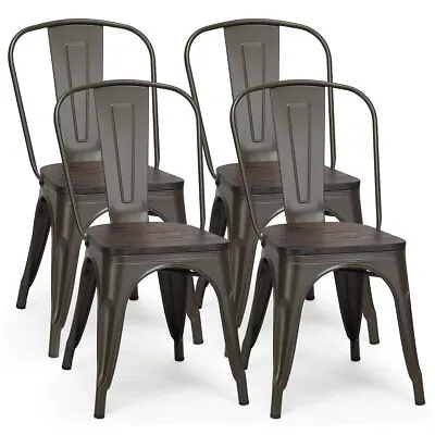 Set Of 4 Tolix Style Metal Dining Side Chair Wood Seat Stackable Bistro Cafe Gun • $159.99