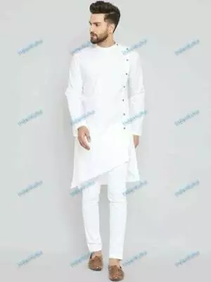 Mens Kurta White Cotton Kurta Mens Indian Clothes Fashion Shirt Traditional • $18.04