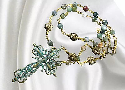 Anglican Unbreakable Rosary Green Agate Beads Gold Tone Beads Verdigris Cross • $75