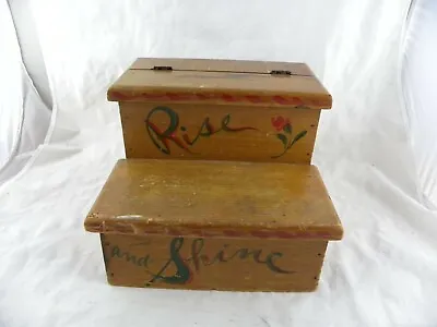 Vintage Folk Art Wooden RISE AND SHINE Shoe Shine Box Stool With Foot Rest • $29.99