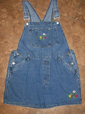 No Boundaries NOBO Denim Bib Shortalls Overall Short Embroidered  Flowers XL 15 • $21.99