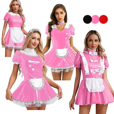 US Women's PVC Leather Maid Flare Dress Outfits Halloween French Cosplay Costume • $21.86