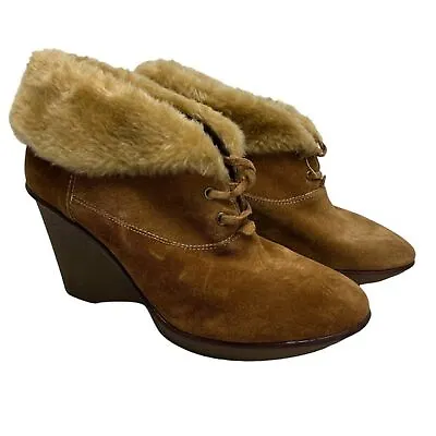 B MAKOWSKY Wedge Suede BF NELLIE Ankle Booties Real Leather Shoes Sherpa Sz 10 W • $13.79
