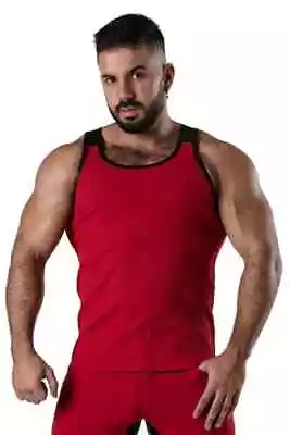 Locker Gear Men's Designer Ribbed Cotton & Leatherette Tank Top Slim Fit Vest • £32.50