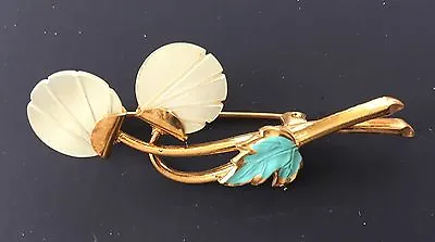 Vintage Brooch - Mother Of Pearl Flower Pin With Hand Painted Turquoise Leaf • $6.25