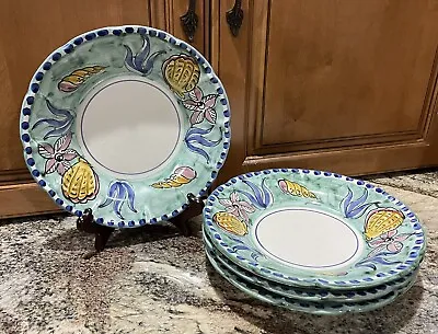 RARE VIETRI ITALY SOLIMENE Shallow Bowls Scallop Rim Ocean Sea Shell Teal Blue • $99.99