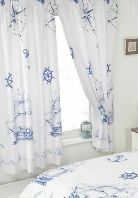 £20.99 • Buy Nautical 66  X 54  Ready Made Unlined Curtains With Tie Backs Ship Sea Anchor