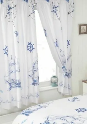 Nautical 66  X 72  Ready Made Unlined Curtains With Tie Backs Ship Sea Anchor • £21.99