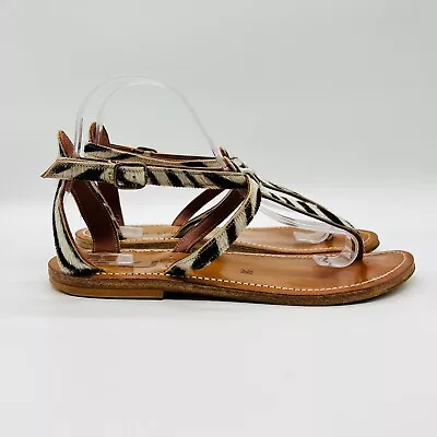 K Jacques St Tropez Sandals EU 38 6.5 7  Brown White Calf Hair Thong Shoes • $34.99