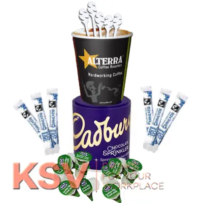 100 X 9oz PAPER CUPS 120 X MILK POTS STIRRERS SUGAR STICKS CADBURY SPRINKLER • £19.99