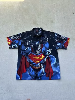 Vintage 2000 DC Comics Superman Button Up All Over Print Shirt L Space Y2K • $49.99