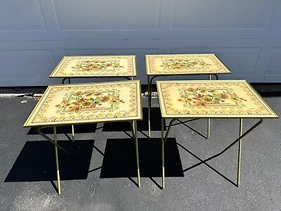 💐 Vintage Set Of 4 LAVADA MCM Floral Faux Needlepoint TV Tray Tables • $110