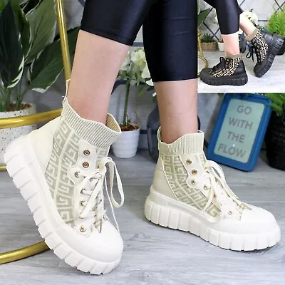 £19.95 • Buy Ladies Ankle Boots Women Sock Chunky Mid Calf Lace Up Knit Comfy Goth Punk Shoes
