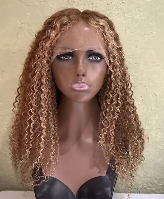 Lace Front Real Human Hair Wig Light Brown 24” Stretched  Highlights Curly 13x4L • $215