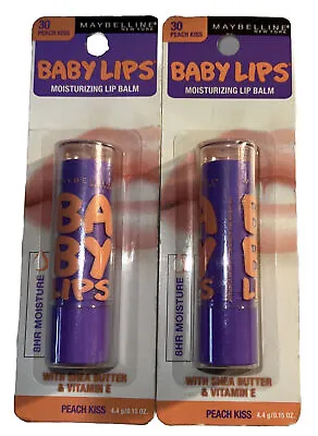 Pack Of 2 Maybelline Baby Lips Lip Balm #30 PEACH KISS New/Sealed/Discontinued • $27.57