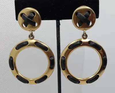 Rare Vintage Erwin Pearl Gold Plated Black Leather Dangle Clip-On Earrings • $75