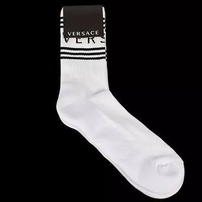 VERSACE Mens White Black LOGO STRIPE Cotton Blend Crew Socks MEDIUM NWT • $59.99