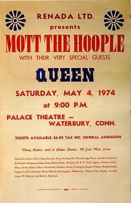 QUEEN / MOTT THE HOOPLE Concert Window Poster 1974 Connecticut RARE - Reprint • $8.69