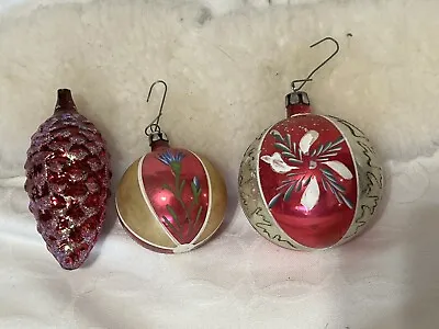 3 Vtg Made In Poland  Painted Glass Christmas Ornaments Pine Cone Balls • $16