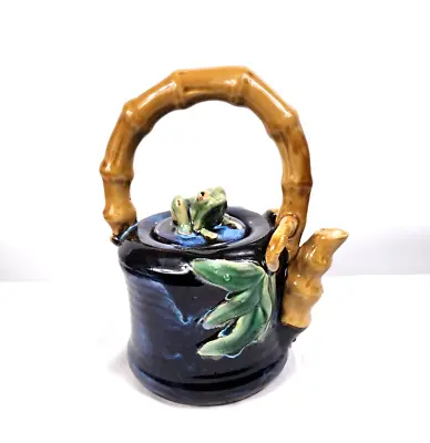 Frog Majolica Pottery Teapot Deep Blue Bamboo Pattern Handle Whimsical  • $36.99