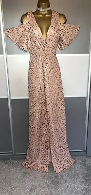 Elegant Sequin Evening Cocktail Cruise Party Cold Shoulder Maxi Dress Size 14 • £44.99