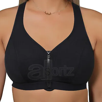 Ladies Sports Bra Zip Front Fastening Non Wired Unpadded Med Hold Uk Plus Size • £18.95