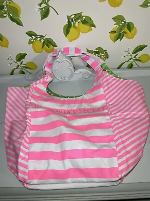 Victoria's Secret Reversible Canvas Getaway Beach Bag Tote Lemon Pink Stripe New • $19.77