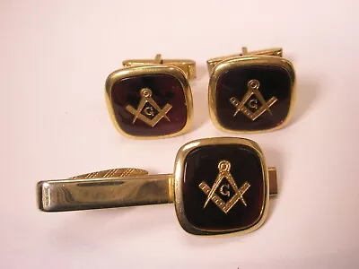 Masonic Red Acrylic Vintage Cuff Links & Tie Bar Clip Shriners Scottish Rite • $42.49