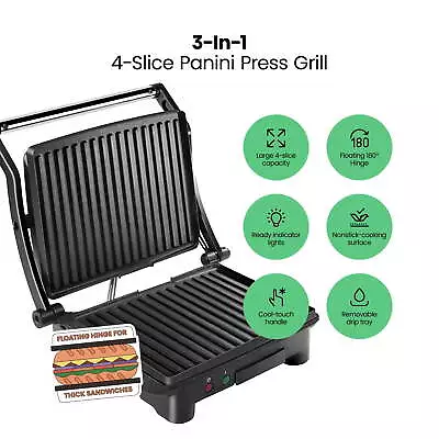 3-in-1 Electric Panini Press &4-Slice Grill Opens Flat For Grill NEW • $36.56