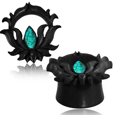 Pair Of Ebony Wood Plugs Carved Lotus Flower Turquoise Inlay Plug Tunnels Gauge  • $19.99