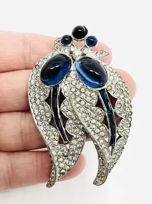 MAZER BROS Blue Glass Cabochon & Rhinestone Dress Clip Signed Vintage Jewelry • $349.99