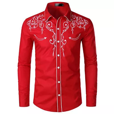 Mens Western Cowboy Shirt Long Sleeve Retro Embroidery Casual Buttons Down Shirt • $18.69