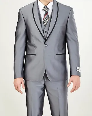 Mens Fashionably Retro Style Suit Shiny Silver With Black Trim + Matching Vest • $189