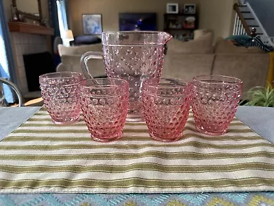 Vintage Pink Glass Hobnail Pitcher And Cups Set • $77.60