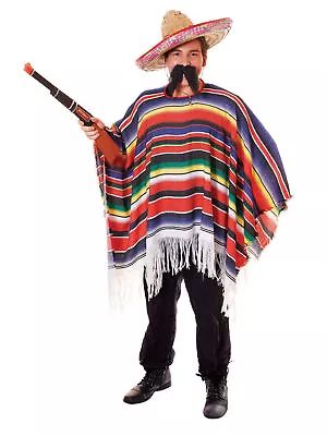 Mens Mexican Poncho Mexican Bandit Outlaw Latin American Aztec Adult Fancy Dress • £19.45